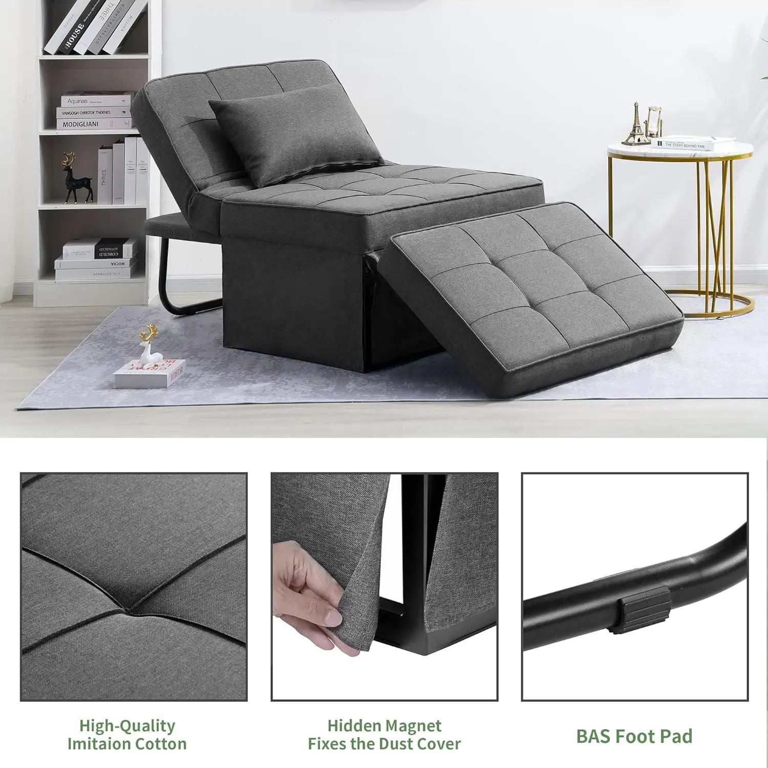 Sofa Bed 4 in 1 Multi-Function Folding Ottoman Breathable Linen Couch Bed with Adjustable Backrest Modern Convertible Chair