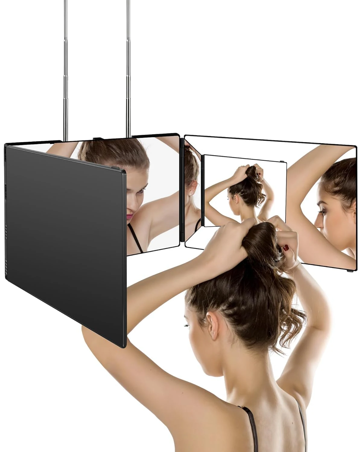 360 Trifold Mirror Portable Height Adjustable Telescoping Hooks for Self Hair Cutting Makeup mirror