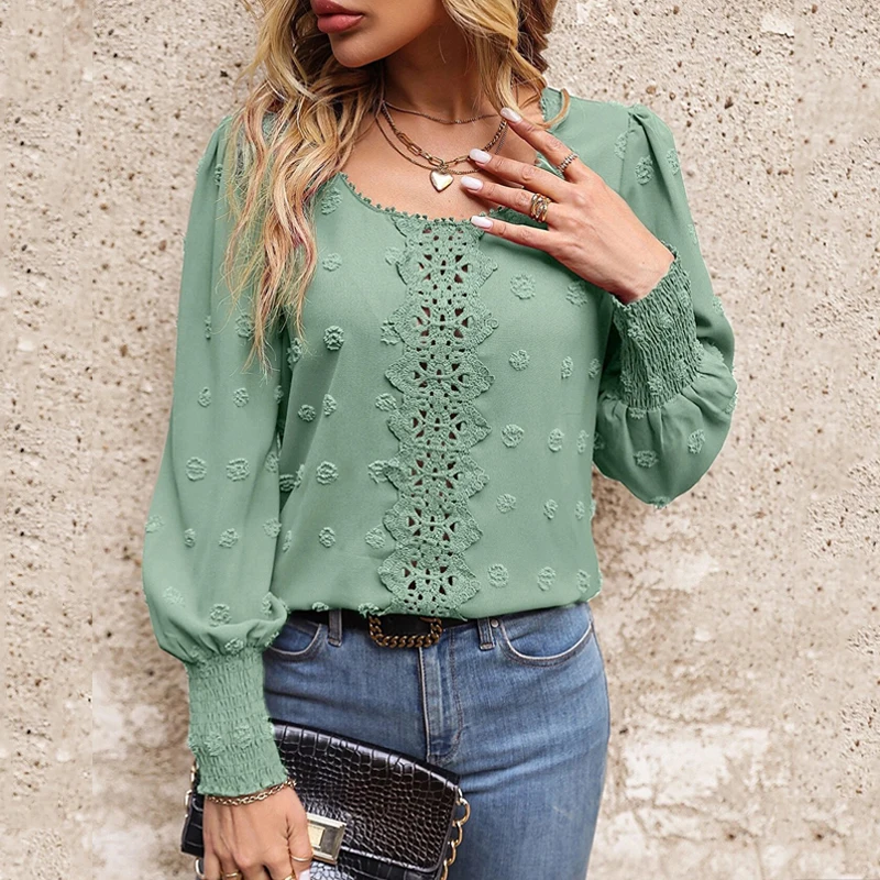 

2023 Fashion Polka Dot Lace Blouse Casual Women Elegant O Neck Shirts Hollow Out Puff Long Sleeve Loose Tops Blusas Mujer 28615