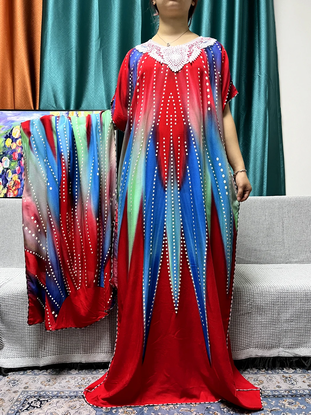 Muslim Abayas For Women Dubai Lace Neck Printde Cotton Boubou Loose Femme Robe African Islam Nigeria Dresses With 160x70cm Scarf