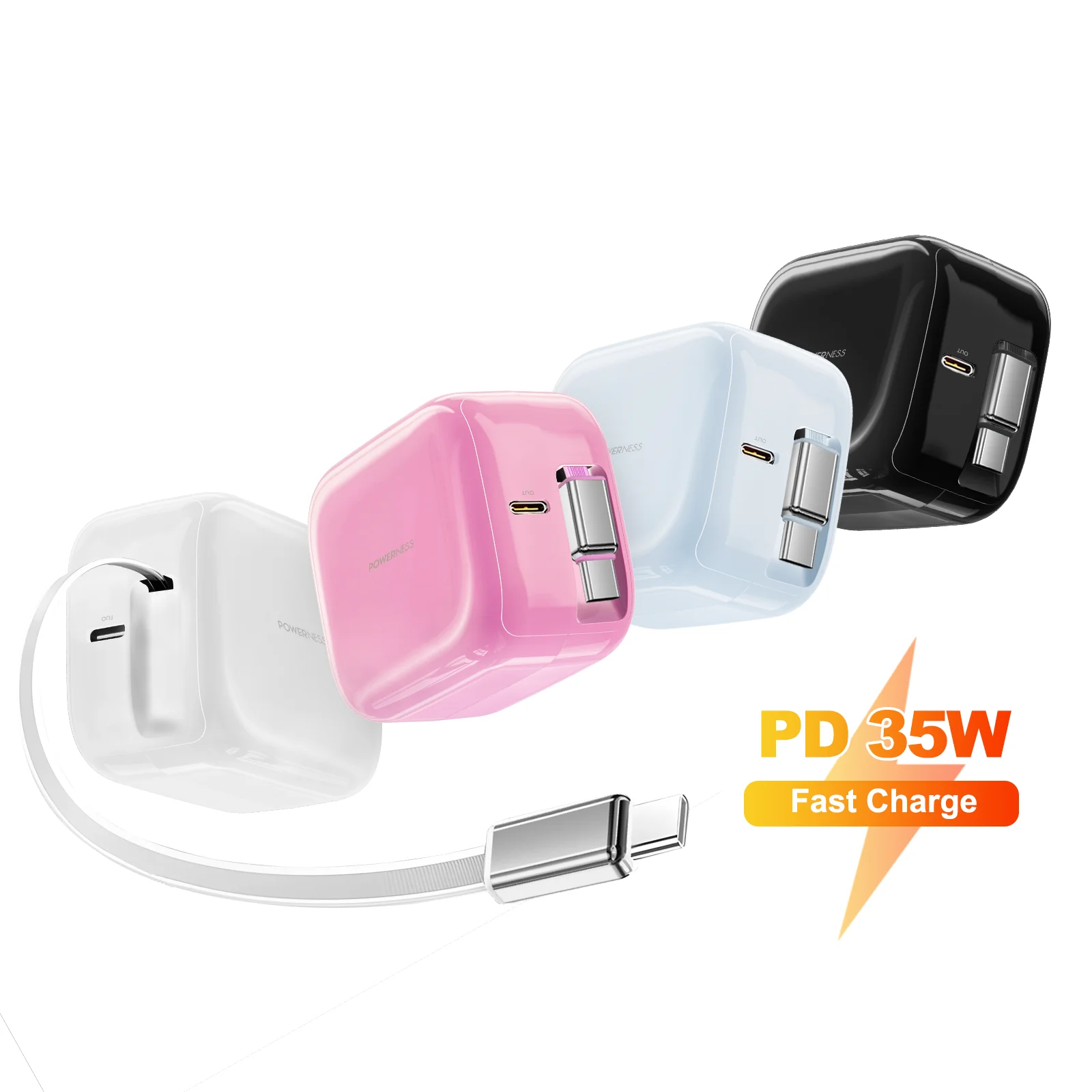 Unew USB-C Charger Adapter 35W 3A Fast Charging 60cm Retractable Cable Travel Charger for iPhone Xiaomi