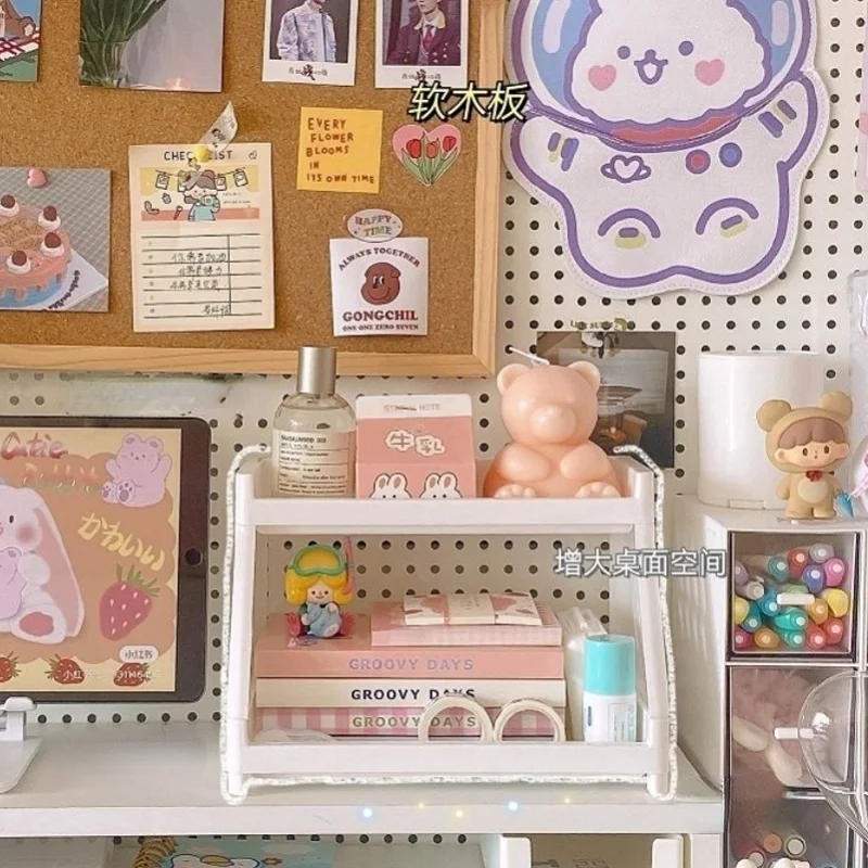 Kawaii Double Layers Desktop Storage Shelves Stationery Organizers Rack Large-capacity File Storage Tray Office Desk Accessories for desktop storage shelf stationery organizer document organizer desktop storage kit stationery storage box