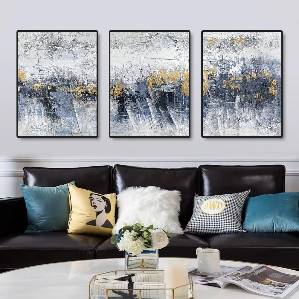 3PCSFramelessModernPaintingBlueGreyWhiteGoldWallArtHDPrint