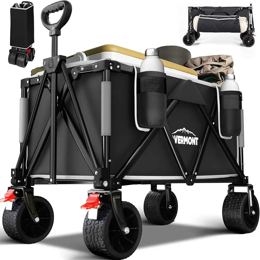 

Overmont Collapsible Wagon Cart with Wheels - All-terrian 3.2in Wide Wheels - Foldable 150L Large Capacity with Side Pockets