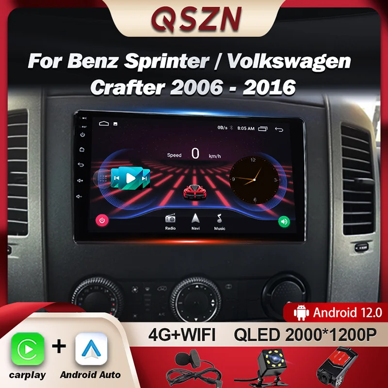 QSZN 자동차 라디오 멀티미디어 비디오 플레이어, 내비게이션 GPS 카플레이, 안드로이드 12 오토라디오 DSP, 벤츠 스프린터, VW Crafter 2006 - 2016 
