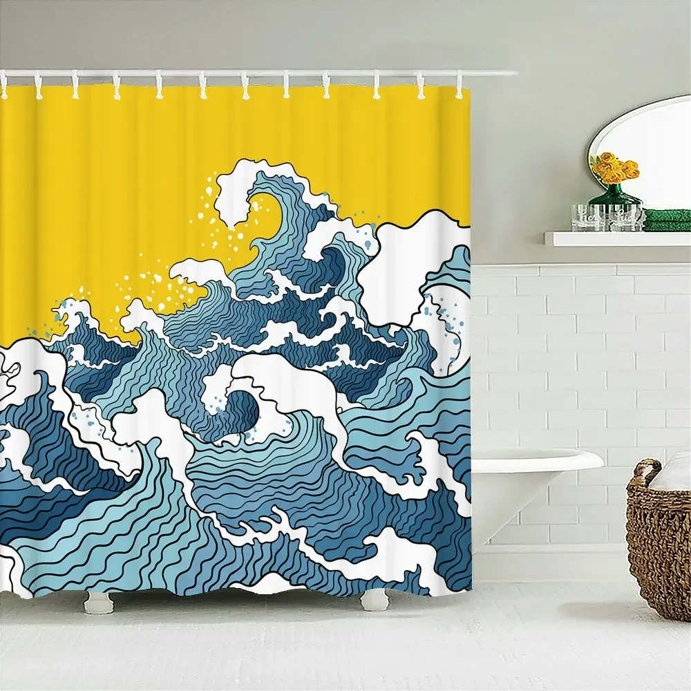 Japanese-style Waves 3D Printing Shower Curtain With Hooks   Home Decoration Bathroom Curtains Waterproof polyester Fabric 3