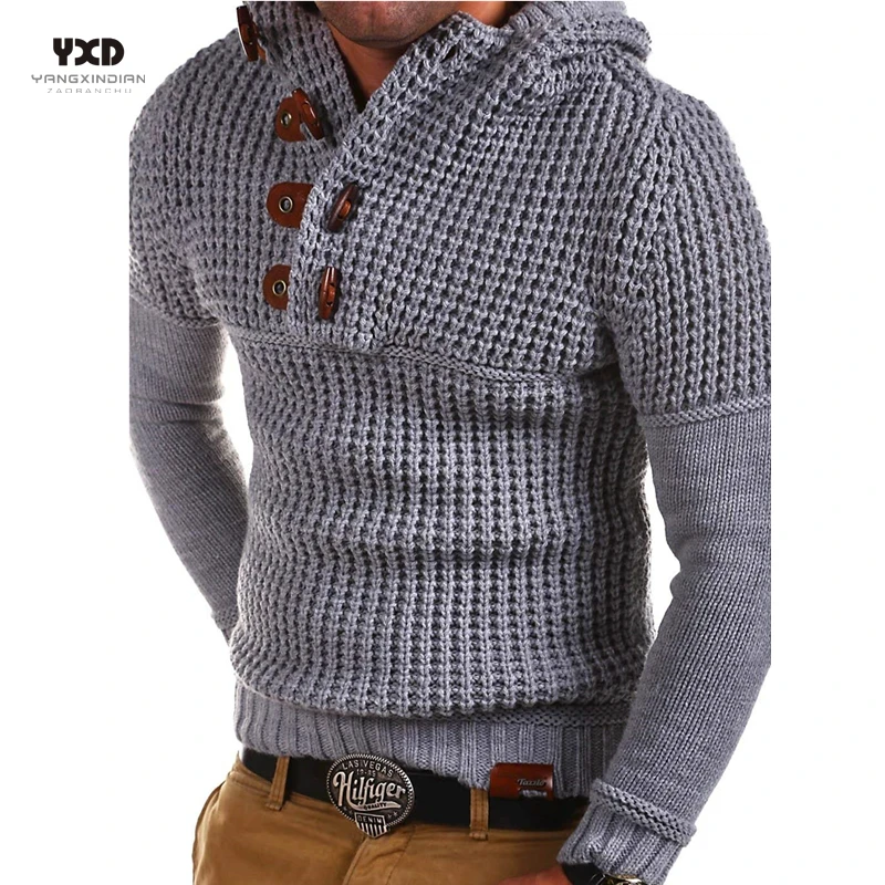 Men Clothes Man Solid Pullovers Mens Warm Winter Sweaters Jumper Mans Casual Hoodie Horn Button Knitted Sweater Mens Clothing