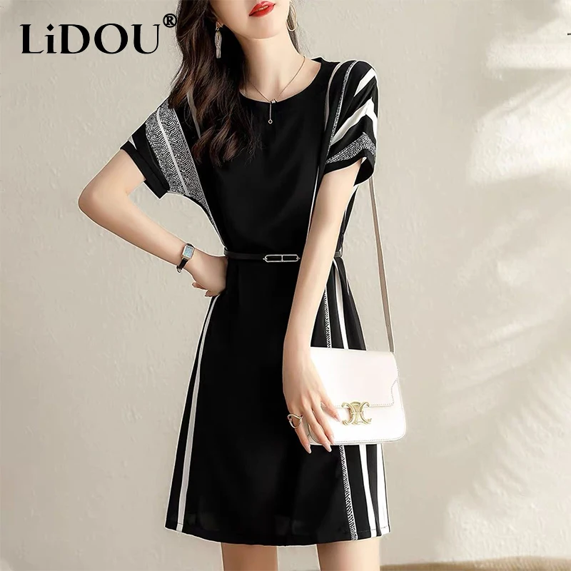 

Summer New Round Neck Striped Patchwork Waist Chiffon Dress Ladies Elegant Fashion A-line Robe Women Temperament Casual Vestidos