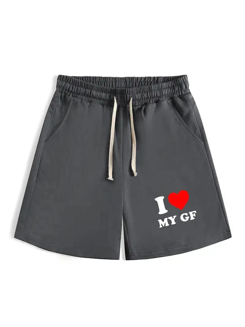 I LOVE MY GF Print Men's Summer Fashionable Drawstring Casual Sports Loose Shorts, Suitable for Sports, Comfortable  Versatile 5