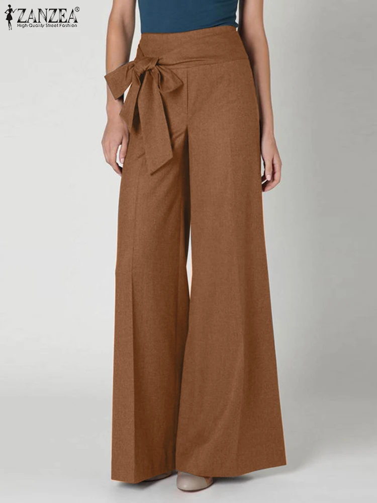 

ZANZEA Fashion Wide Leg Trousers Female Vintage Lace Up Pant Woman Holiday Ankle Length Pants Casual OL Work Pantalon Oversized