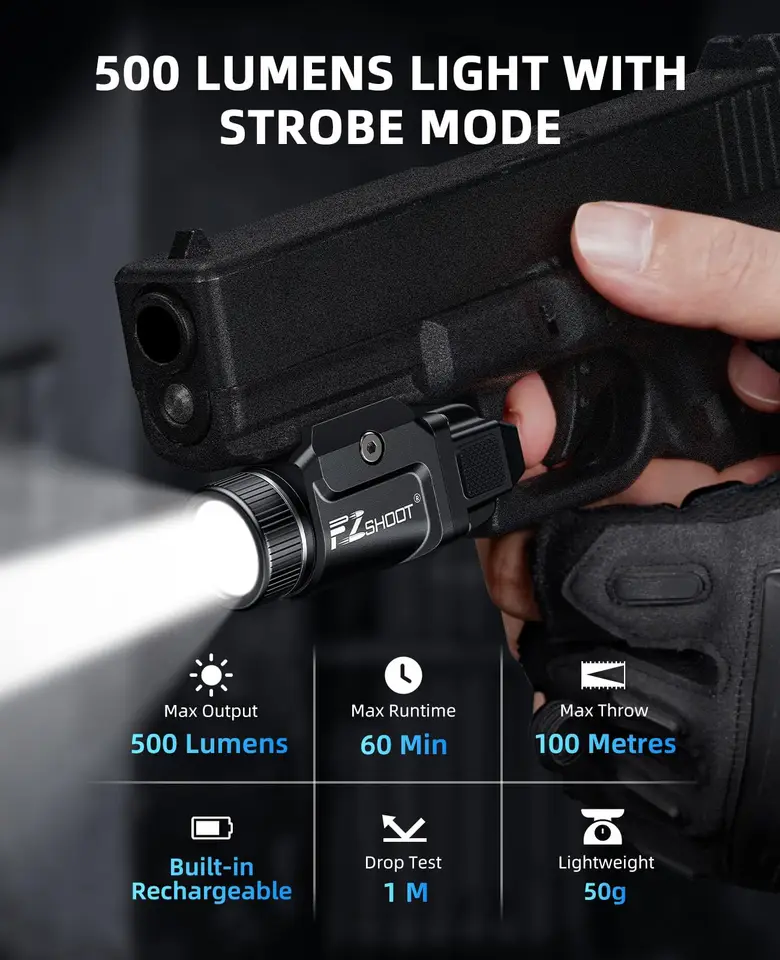 500 ルーメンピストルライト充電式懐中電灯ストロボモード付き