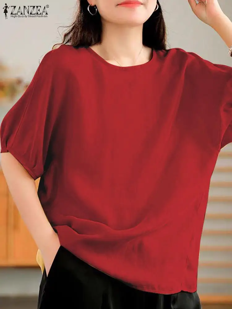 

Летняя Корейская женская блузка ZANZEA 2024, блузка с круглым вырезом и рукавом до локтя, однотонные простые туники