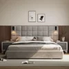 King Platform Bed Frame with Headboard, Elegant Velvet Upholstered Bed with Grid Pattern Padded Headboard, 2 LED Wall Sconces 1