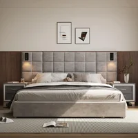 King Platform Bed Frame with Headboard, Elegant Velvet Upholstered Bed with Grid Pattern Padded Headboard, 2 LED Wall Sconces 1