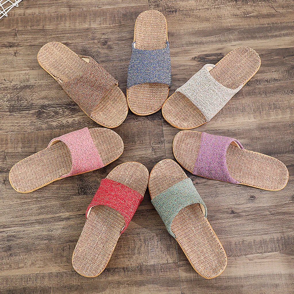 2024 Linen Men Shoes Color Matching Leisure Indoor Floor Shoes Summer Home Slippers Men Plus Size Open Toe Slippers Flat Shoes