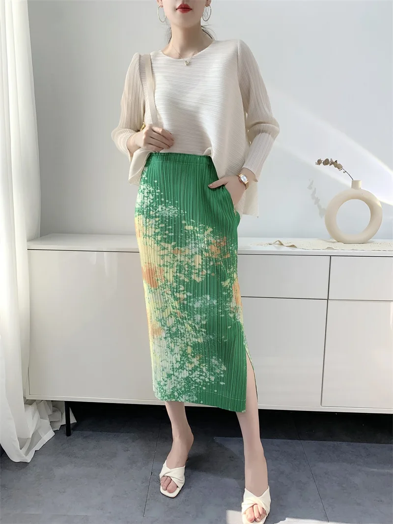 Miyake Pleated Skirt Summer Women's Temperament Leisure Pleated Skirt Split Printed Midi Skirt Pleated Skirt Slimming 2022