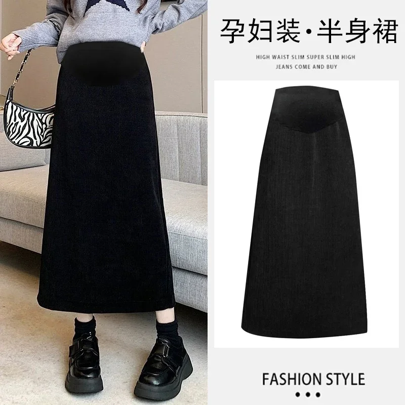 Korean Style Maternity Spring Corduroy Skirt High Waist Back Split Adjustable Pregnant Woman Straight Skirts Woolen A-line Skirt