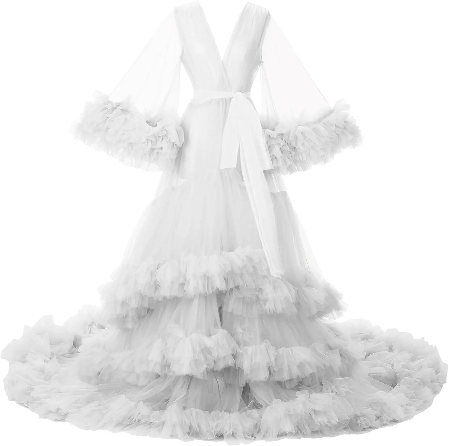 روب زفاف طويل منفوش من التول - ثوب لين للتصوير أثن...