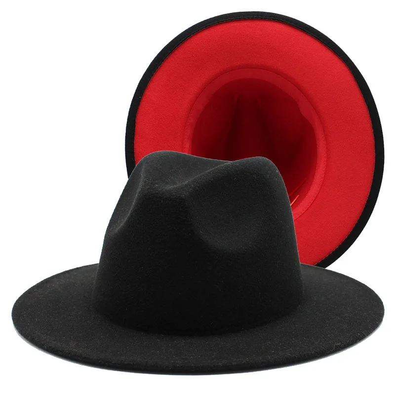 

2023 56-61cm Women Black Red Patchwork Wool Felt Floppy Jazz Fedoras Hats with Ribbon band wide brim Panama trilby Formal hat