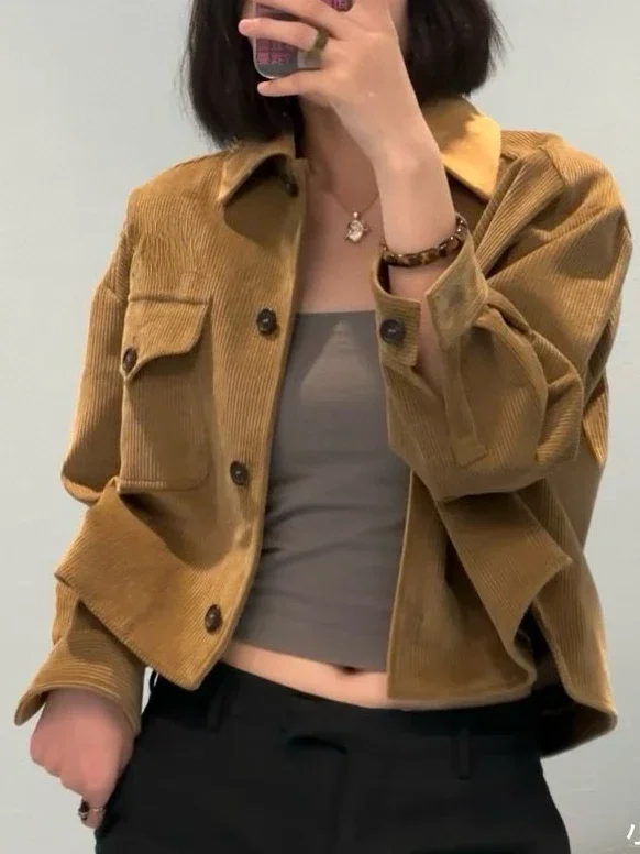 

Laple Corduroy Shirts Female Tops 2024 New Spring Autumn Short Vintage Loose Clothing Women Shirt and Bouse Female Blusas Mujer