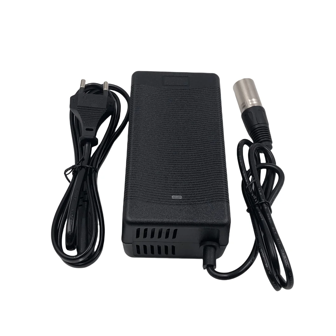MYDA 54.6V 2A lithium battery charger showing the XLRM 3 pin male connector head configuration
