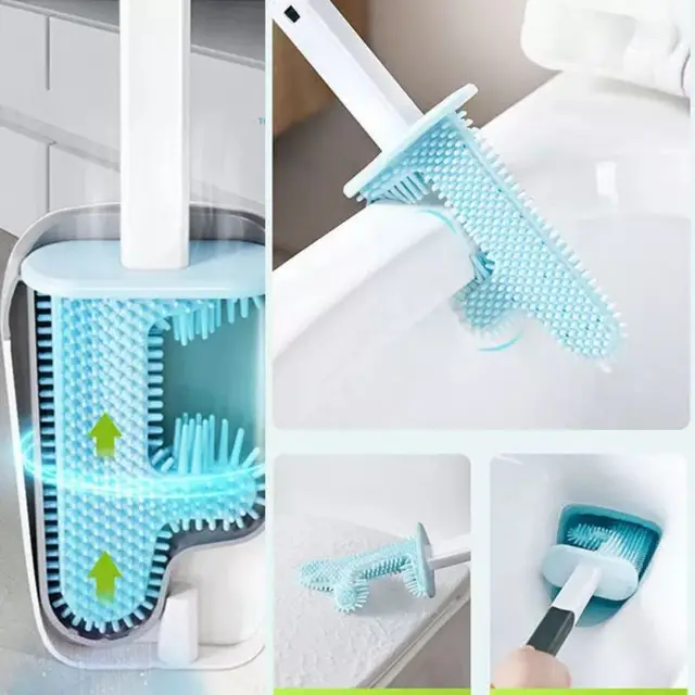 No dead angle cactus toilet brush leak-proof water belt base flat head flexible soft brush with quick-drying bracket set 4