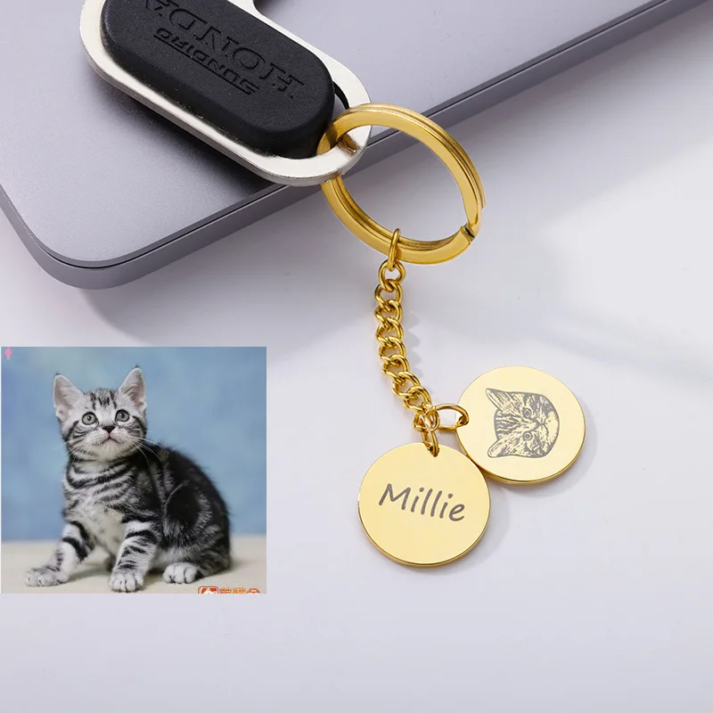 

Custom Pet Photo Keychain Personalized Two Pendant Dog Cats Picture Name Key Chain Women Stainelss Steel Jewelry Memorial Gift