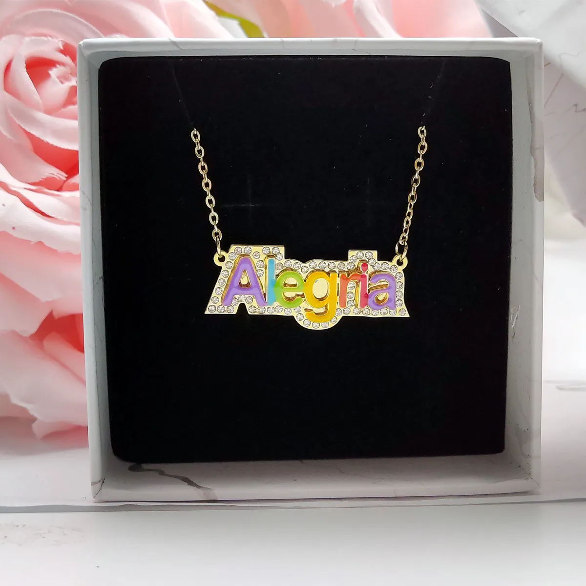 DUOYING Custom Name Colorful Enamel Necklace With Rhinestones Double Layer Nameplate PVD Stainless Steel Pendant Necklace Gift