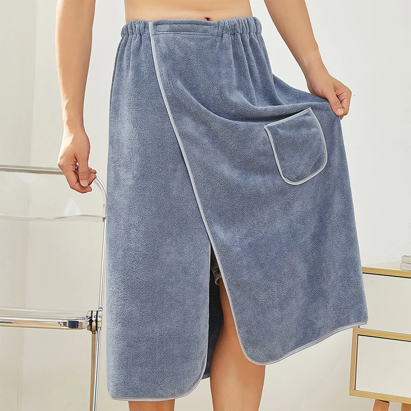 Men's Shower Towel With Safety and Pocket Quick Drying Water Absorption Bath Skirt Microfiber Buckle Towel Large Bathrobe