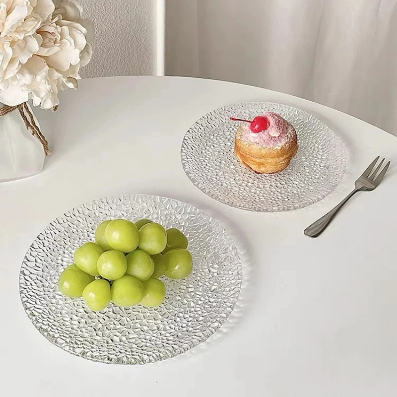 Creative Round Shaped Glass Plates Transparent Engraved Salad Fruit Plate High-looking Dessert Plate Kitchen Accessories