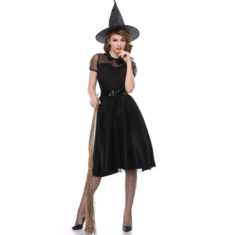

Black Witch Costume Adult Women Magic Moment Sorceress Sexy Witch Halloween Costume Carnival Party Ghost Fancy Crape Dress