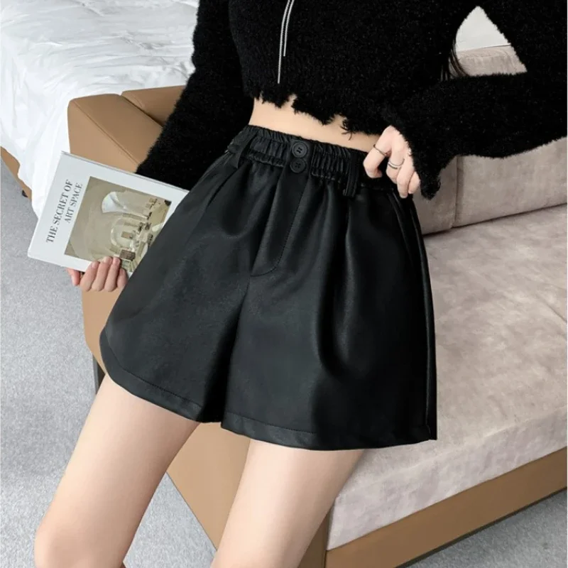 PU Leather Shorts Women Elastic High-waisted Solid Color Loose A-line Wide-leg Office Lady Versatile Basics Daily Shorts Female