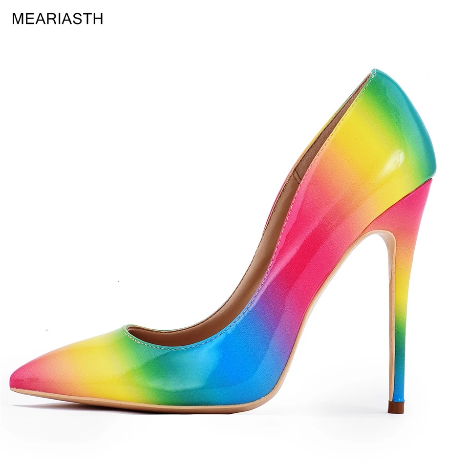 

meariasth Artsy Glossy Colorful Print Women Pointed Toe High Heels Ladies Slip On Stilettos Pumps Sexy Night Club Thin Heel Shoe