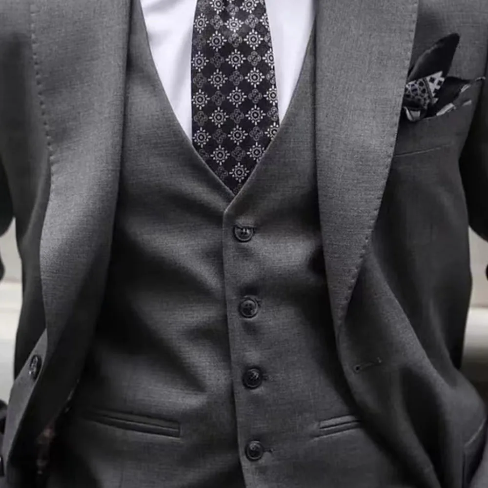 Wedding Men Dark Grey Peak Lapel Suits Business Casual Formal Costume Slim Fit 3 Pcs Set Jacket Vest Pants