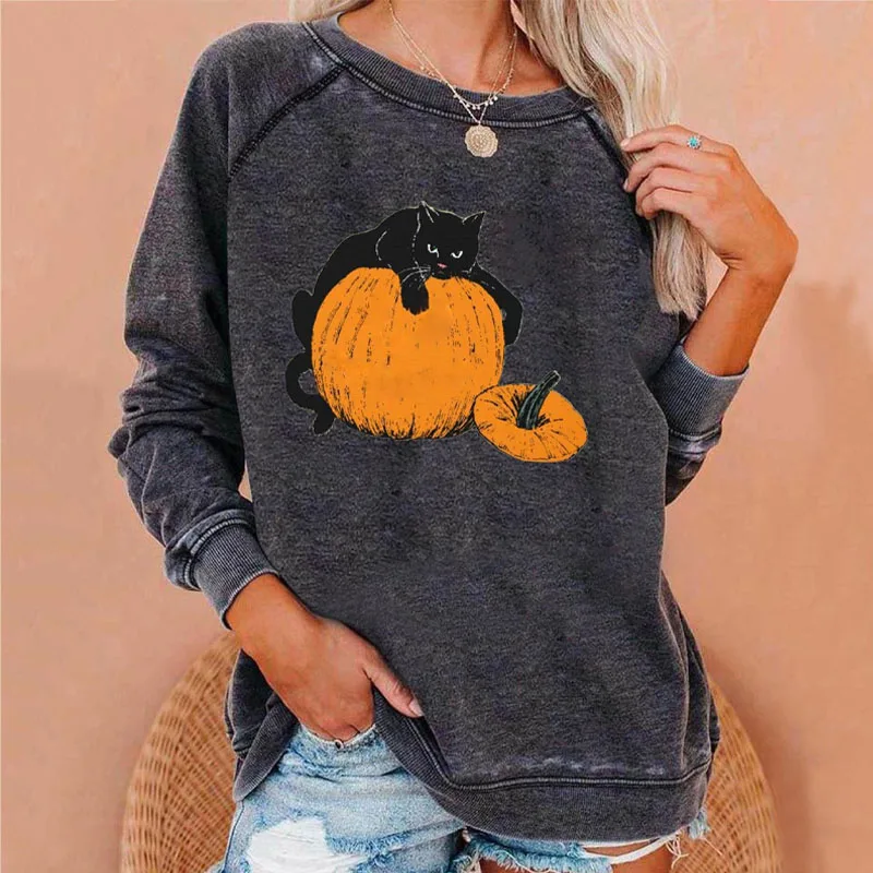 Cartoon Printed Female Vintage Round Neck Sweatshirts Autumn Women's Clothing Fashion Casual Long Sleeve Loose Tops Pullovers