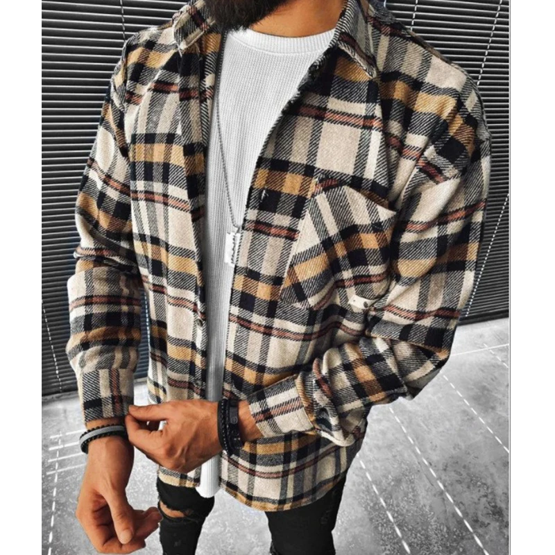 

Autumn Winter Men's Plaid Pocket Long Sleeve Shirt Business Lapel Design Streetwear Jacket Coat Tops