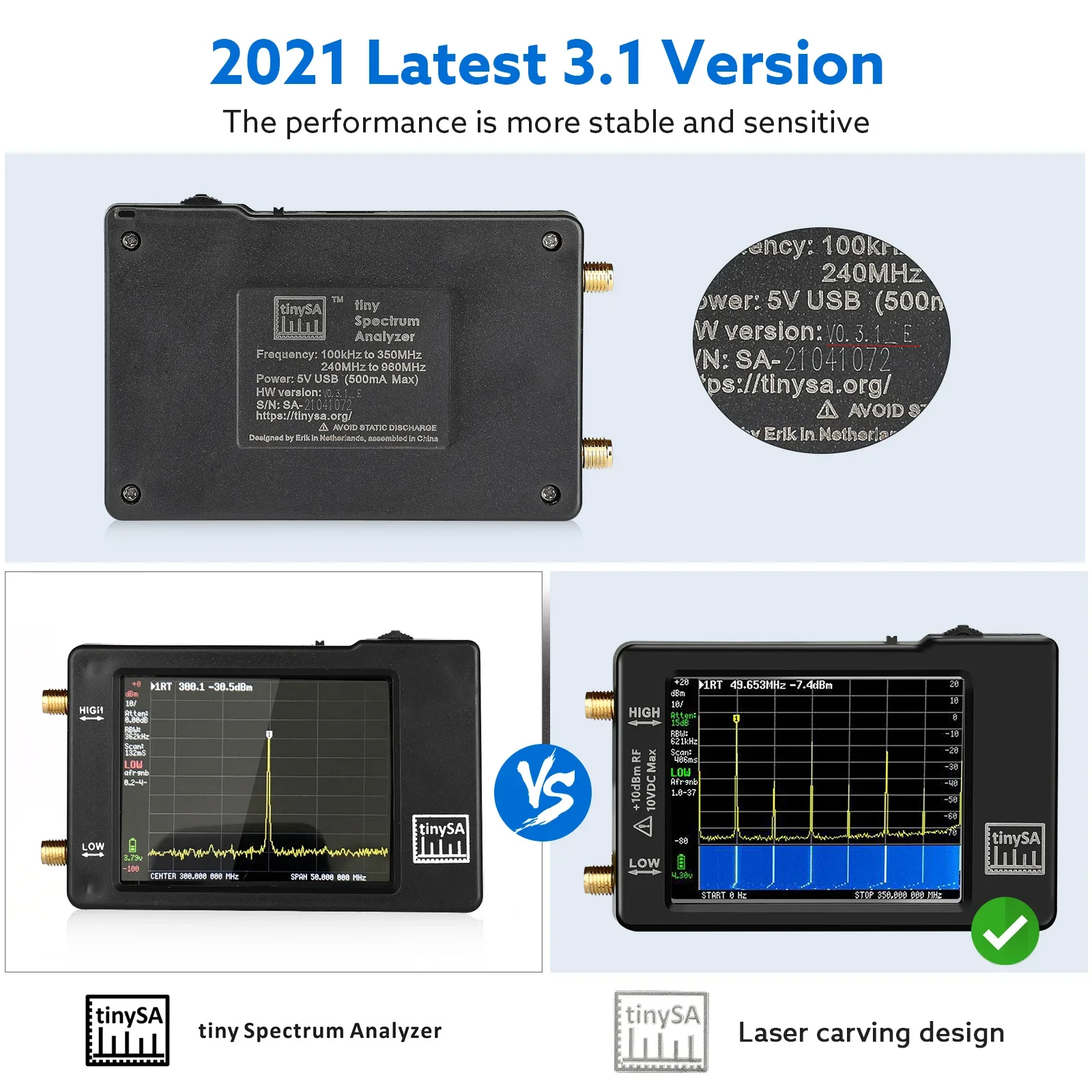 Upgraded Hand Held Tiny Spectrum Analyzers TinySA 2.8" Display 100kHz to 960MHz with ESD Proteced Version V0.3.1_E Analyzer 5