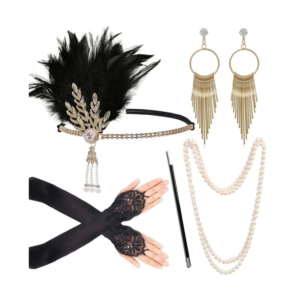 

1920s Gatsby Party Feather Alloy Headband Pearl Necklace Smoke Rod Glove Set Vintage Hepburn Dress Accessories