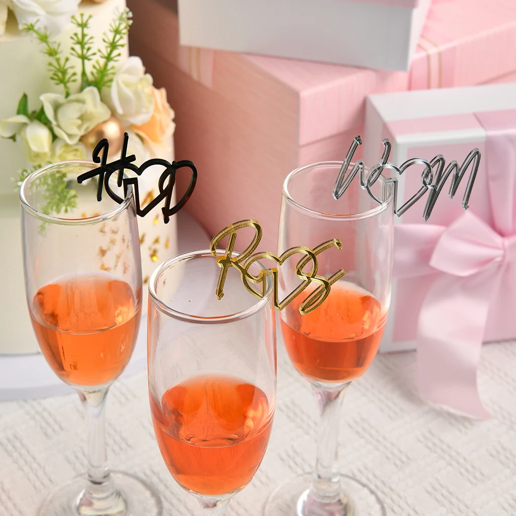 20/50/100pcs Personalized Cut Wedding Drink Tags Glass Topper Drink Stirrers Bar Sign Glass Marker Acrylic Wine Charms
