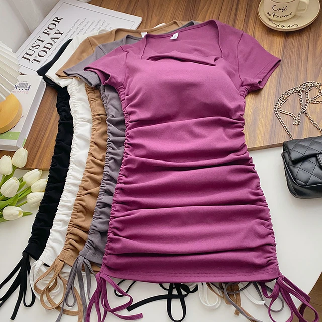 Dresses With Built In Bra Folds Skinny Summer Dress Womens 2023 Ruched  Short Sleeve Vestidos Elegant Korean Fashion Dropshipping - AliExpress