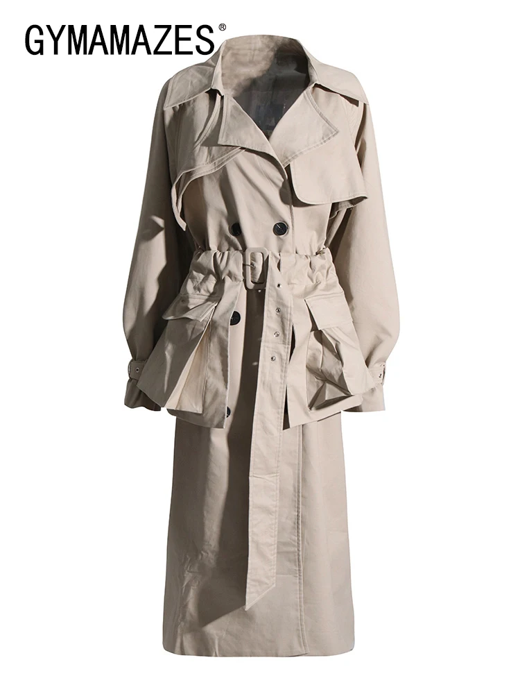 

GYMAMAZES Solid Spliced Pockets Cargo Trenches For Womne Lapel Long Sleeve Patchwork Belt Chic Casual Trench Female Fashion 2023