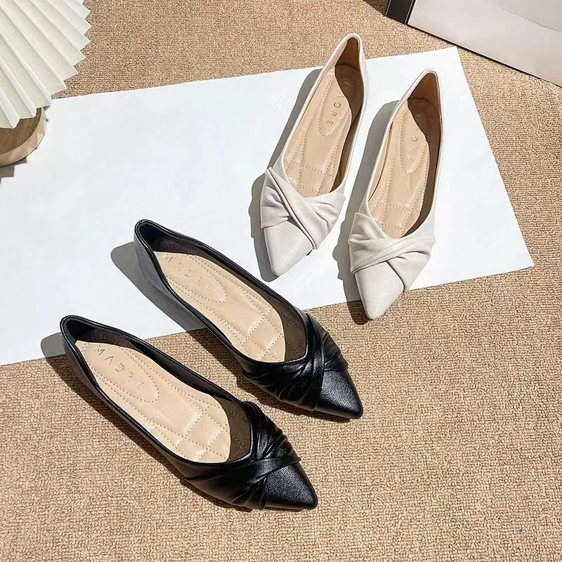 

2022 Brief Solid Leather Flats Women Low Heels Shoes Pointed Toe Loafers Pleated Bowknot Moccasins Femmes Dressy Ballets Shoes