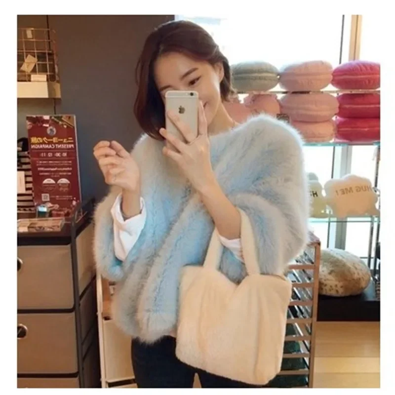 Women Fur Tops Korean Fashion Pure Color Casual Fluffy Rabbit Fur Mink Short  Faux Fur Coat Flared Sleeves Winter Plush Sweater