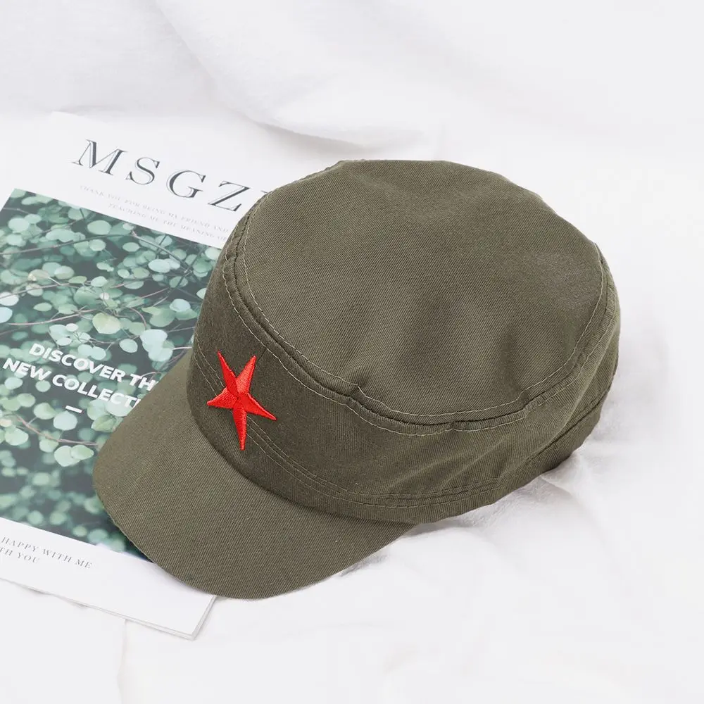 Unisex Cotton Men Cap Spring Summer Beach Outdoor Street Street Cool Church Sunhat Flat Top Hat with Red Star