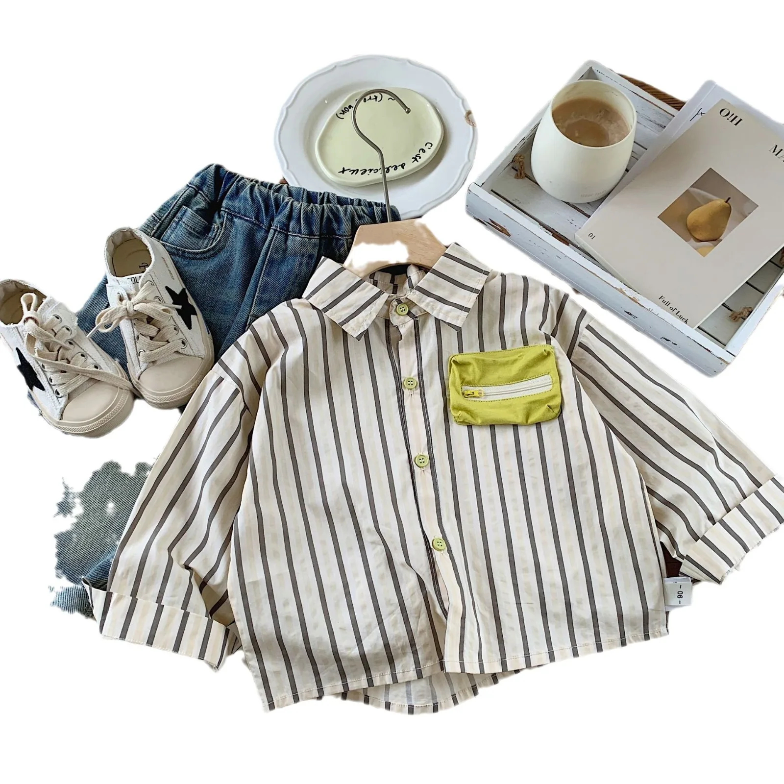 Spring Autumn Kids Boys Shirts Striped Spliced Cartoon Pocket Baby Boys Tops Cotton Long Sleeve Children Shirts