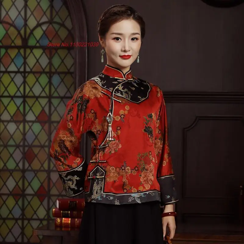chinese improved satin qipao blouse female ethnic shirt oriental flower print cheongsam tops tang suit retro blouse