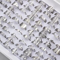 50 Pcs/Lot Fashion Hollow Out Stainless Steel Rings For Women Men Mix Style Flower Heart Crown Jewelry Party Gifts 1