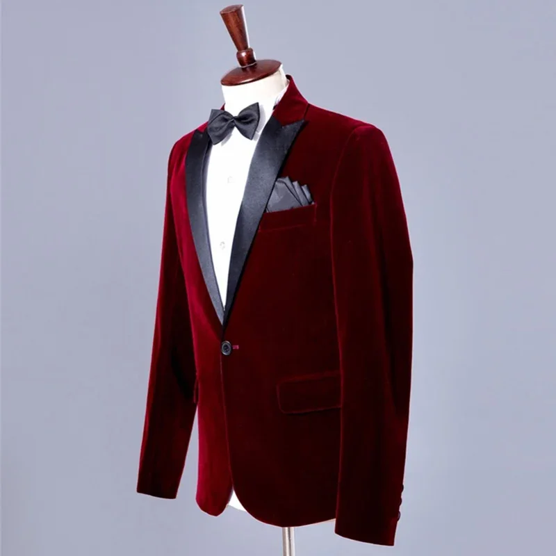 Retro Men Suit Jacket for Boyfriend Burgundy Velvet Dinner Blazer Wedding Groom Slim Fit with Black Peak Lapel Fashion Coat men suits jackets