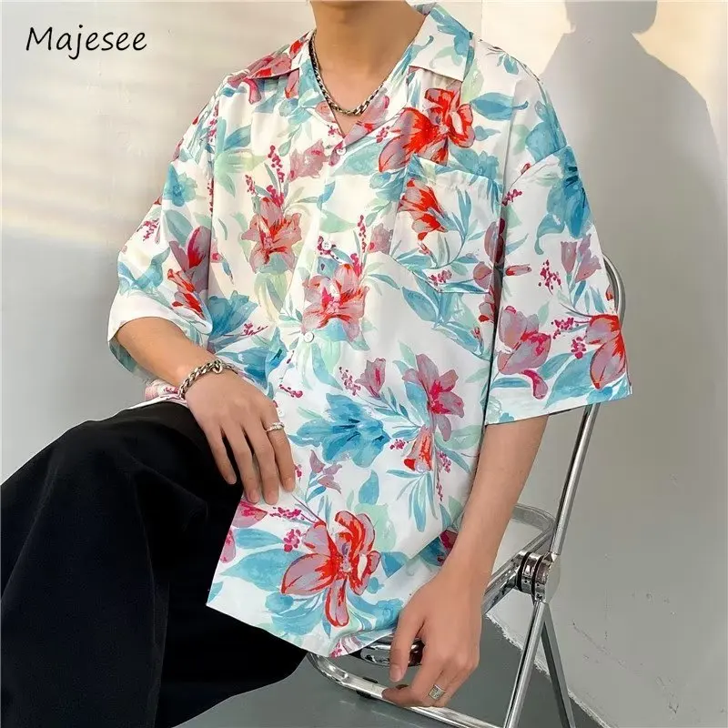 Hawaiian Shirts Men Advanced Breathable Trendy Summer Half Sleeve Floral High Street Pocket Korean Style Male Hipster Handsome