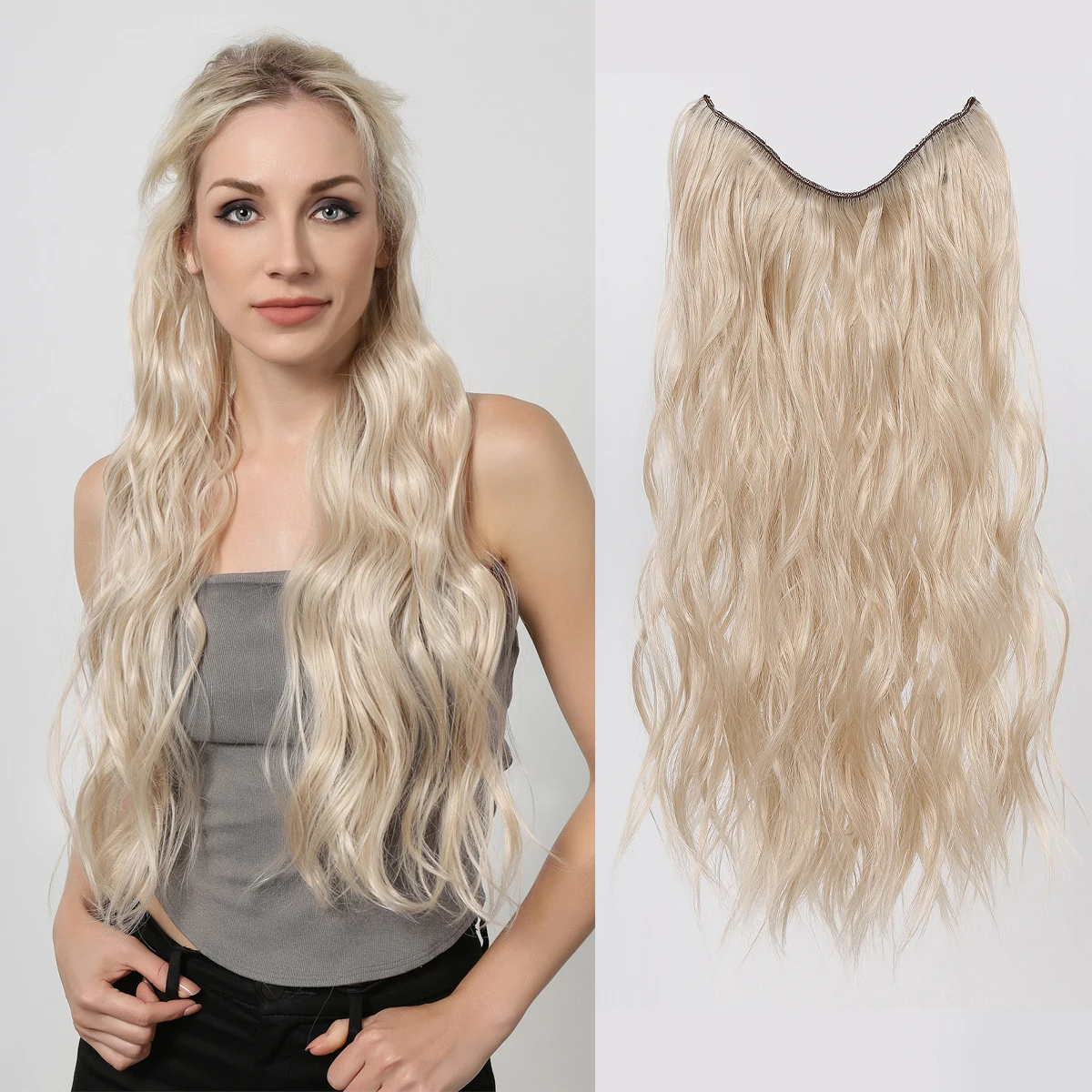 

Synthetic Invisible Clip in Hair Extensions Blonde Long Natural Wavy One Piece False Hairpiece for Women Fish Line Fake Hair